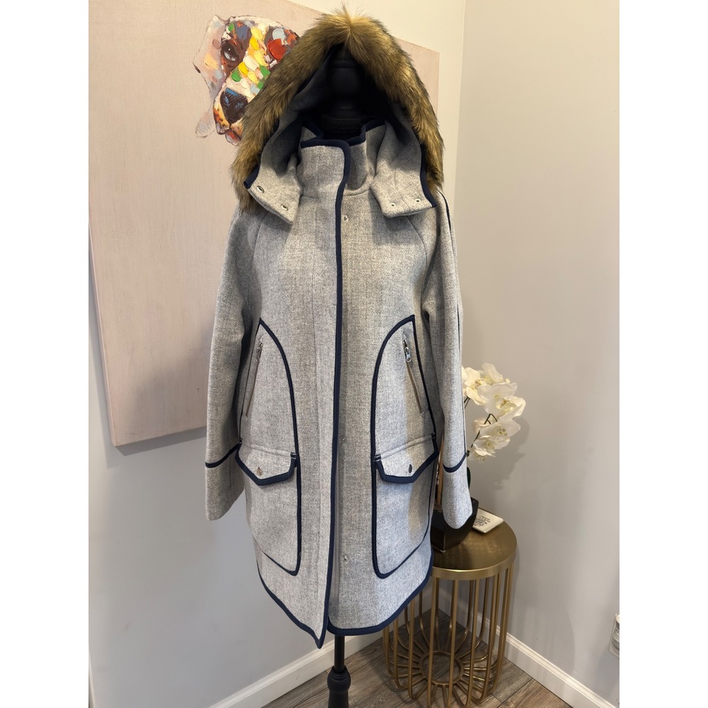 J.Crew Chateau Parka Italian Stadium-Cloth Wool Grey Navy Piping Faux Fur Hood